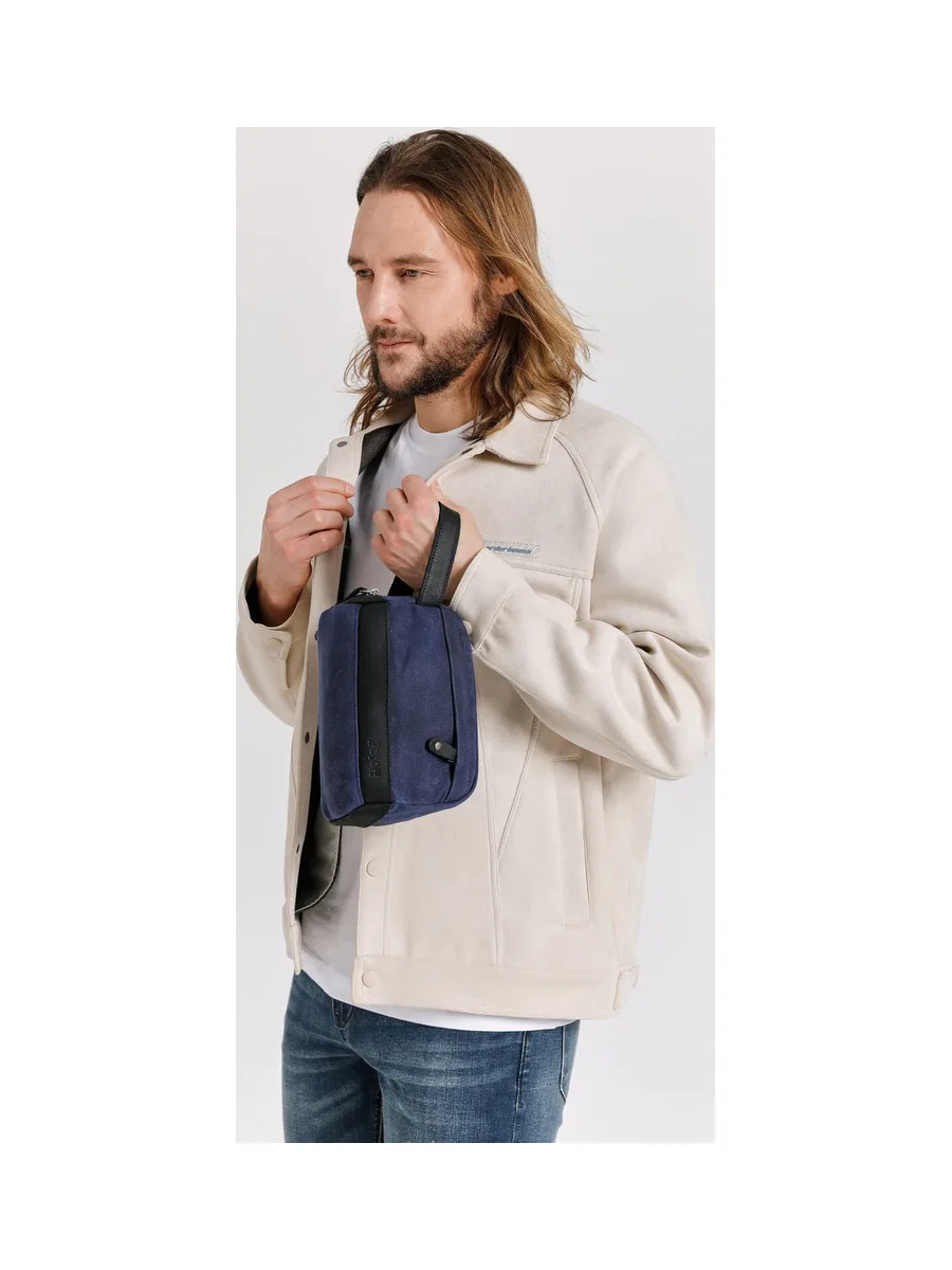 TONY - Trousse de toilette en cuir véritable et toile enduite - Bleu 34