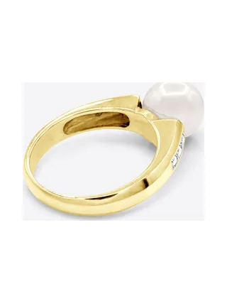 Bague Véritable Perle d'Eau Douce Ronde 8-9 mm Diamant 0.06 ct — Or Jaune 375 Millièmes 5