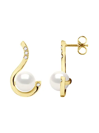 Boucles d'Oreilles Véritables Perles d'Eau Douce 7-8 mm Diamants 0.08 ct — Or Blanc 375 Millièmes 2