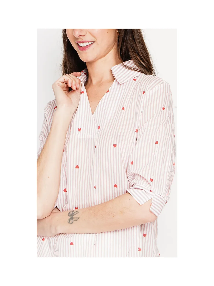 Blouse col chemise à rayure en coeur devant croisé en trapèze à manche 3/4 13