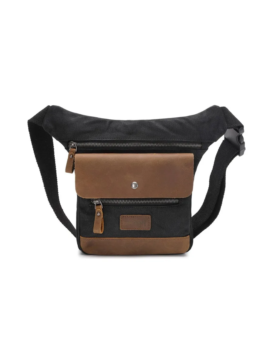 JEFF - Pochette banane en cuir véritable et toile enduite - Bleu 57