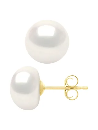 Boucles d'Oreilles Véritables Perles de Culture d'Eau Douce Boutons 9-10 mm — Or Jaune 375 Millièmes 1