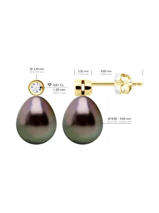 Boucles d'Oreilles Véritables Perles de Tahiti 9-10 mm Diamants 0.04 ct — Or Jaune 375 Millièmes 2