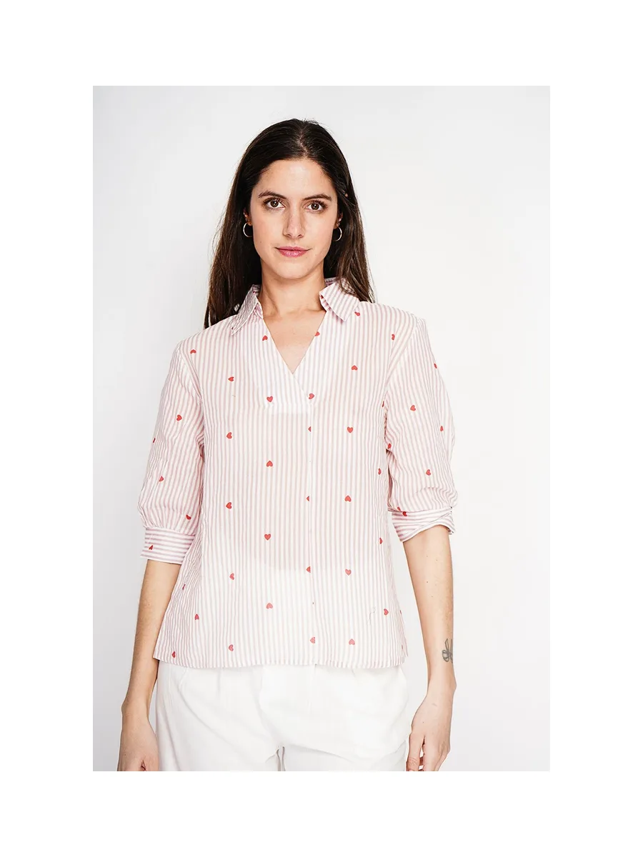 Blouse col chemise à rayure en coeur devant croisé en trapèze à manche 3/4 16