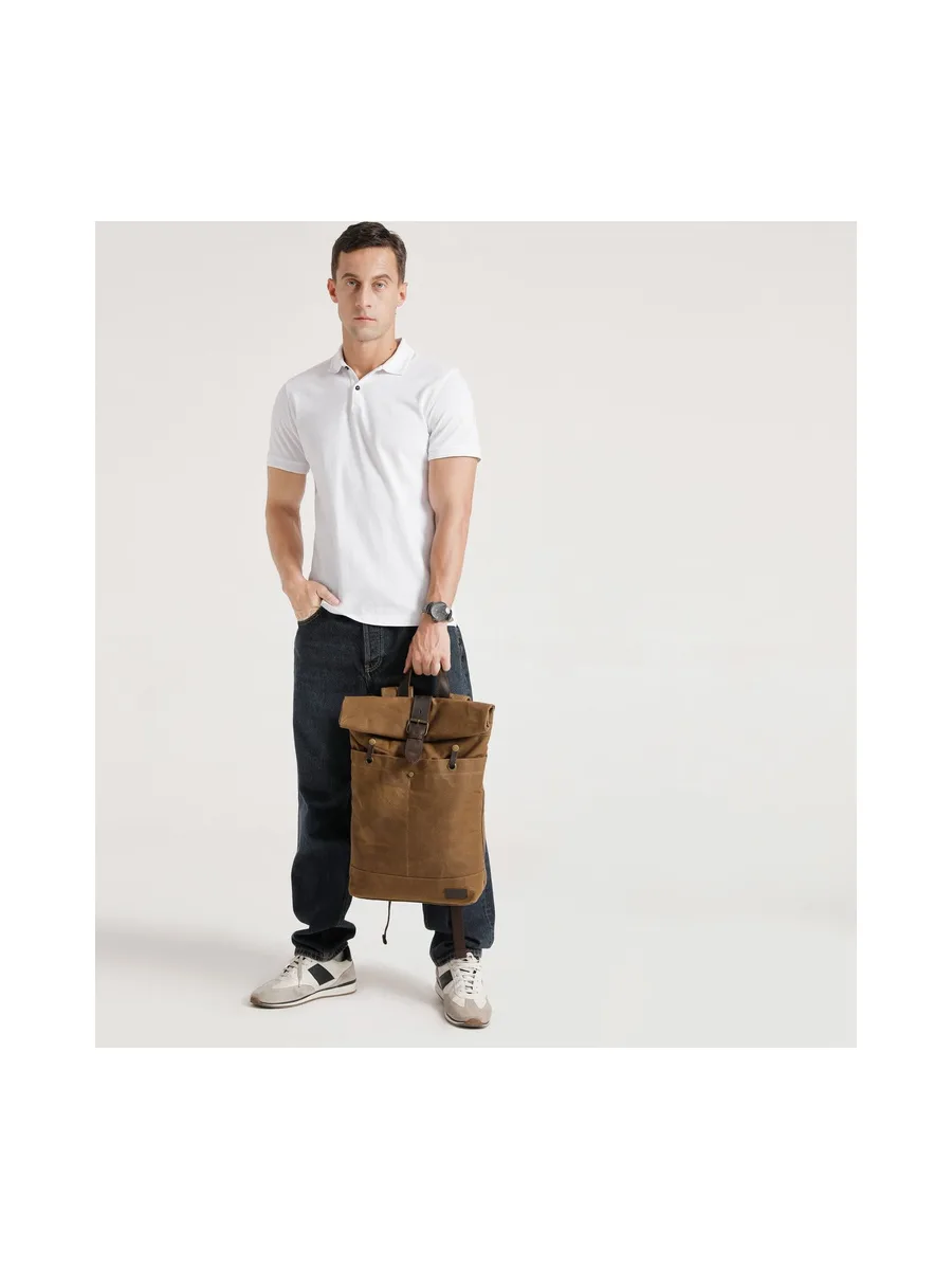 STAN - Sac à dos en cuir véritable et toile enduite - Bleu 45