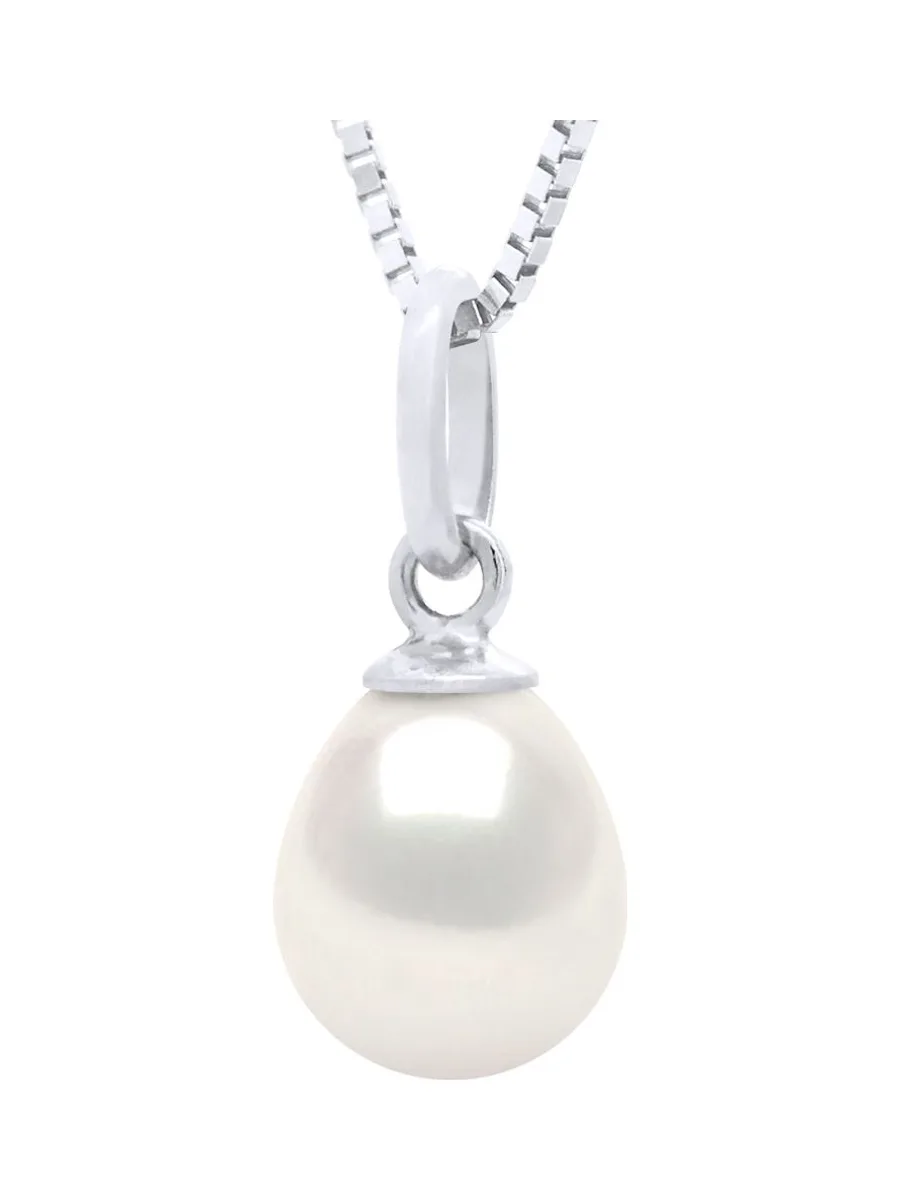 Pendentif Bélière Articulée Véritable Perle d'Eau Douce Poire 7-8 mm — Or Blanc 750 Millièmes 1