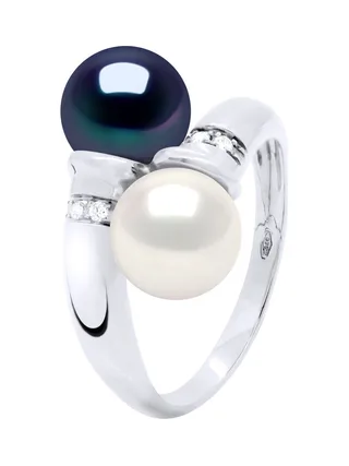 Bague Toi & Moi Véritables Perles d'Eau Douce 8-9 mm Diamants 0.06 ct — Or Blanc 375 Millièmes 1