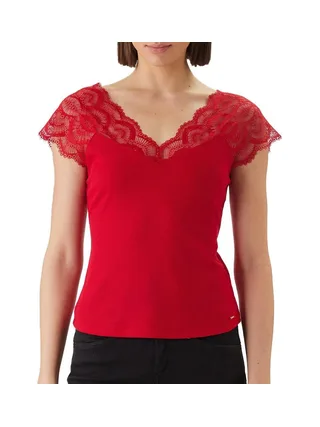 T-Shirt Rouge Femme Morgan Dentelle 1