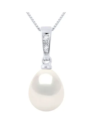 Pendentif Véritable Perle d'Eau Douce Poire 8-9 mm Diamants 0.01 ct — Or Blanc 375 Millièmes 1