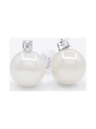 Boucles d'Oreilles Véritables Perles d'Eau Douce 8-9 mm Diamants 0.04 ct — Or Blanc 375 Millièmes 1