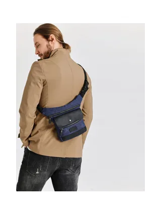 JEFF - Pochette banane en cuir véritable et toile enduite - Bleu 2