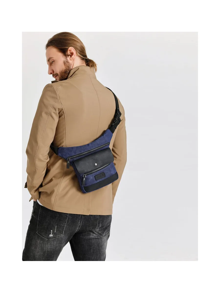 JEFF - Pochette banane en cuir véritable et toile enduite - Bleu 34