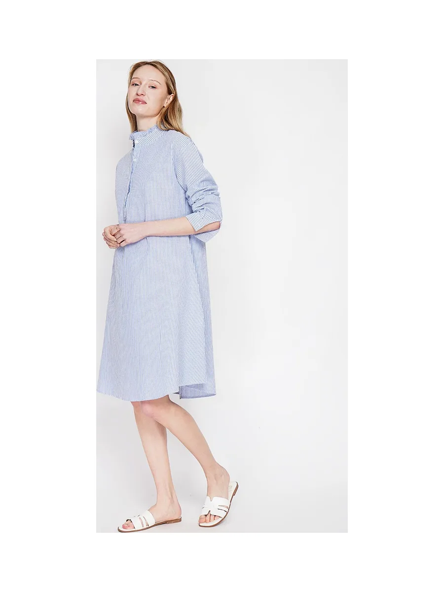 Robe col mao foufou évasée boutonnée devant à manches longues à rayure 9