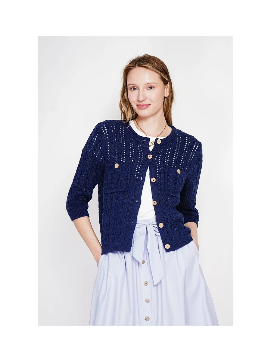 Gilet ajouré col rond boutonné devant avec poches à manches mi-long 9