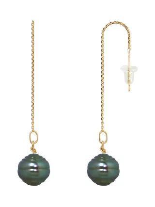 Boucles d'Oreilles Pendantes Véritables Perles de Tahiti Cerclées 9-10 mm — Or Jaune 375 Millièmes 1