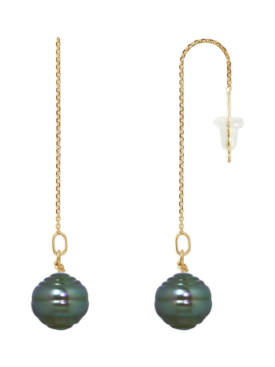 Boucles d'Oreilles Pendantes Véritables Perles de Tahiti Cerclées 9-10 mm — Or Jaune 375 Millièmes 1