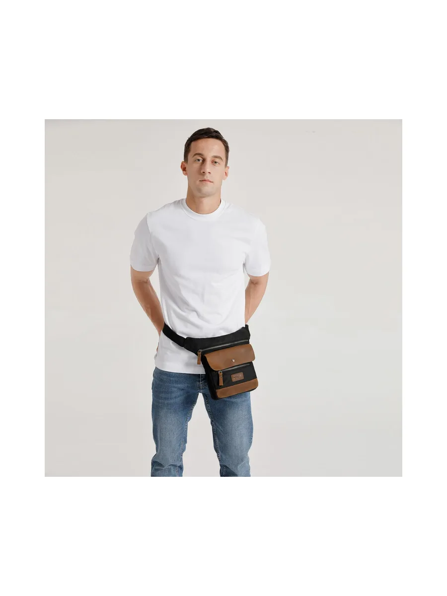 JEFF - Pochette banane en cuir véritable et toile enduite - Bleu 61