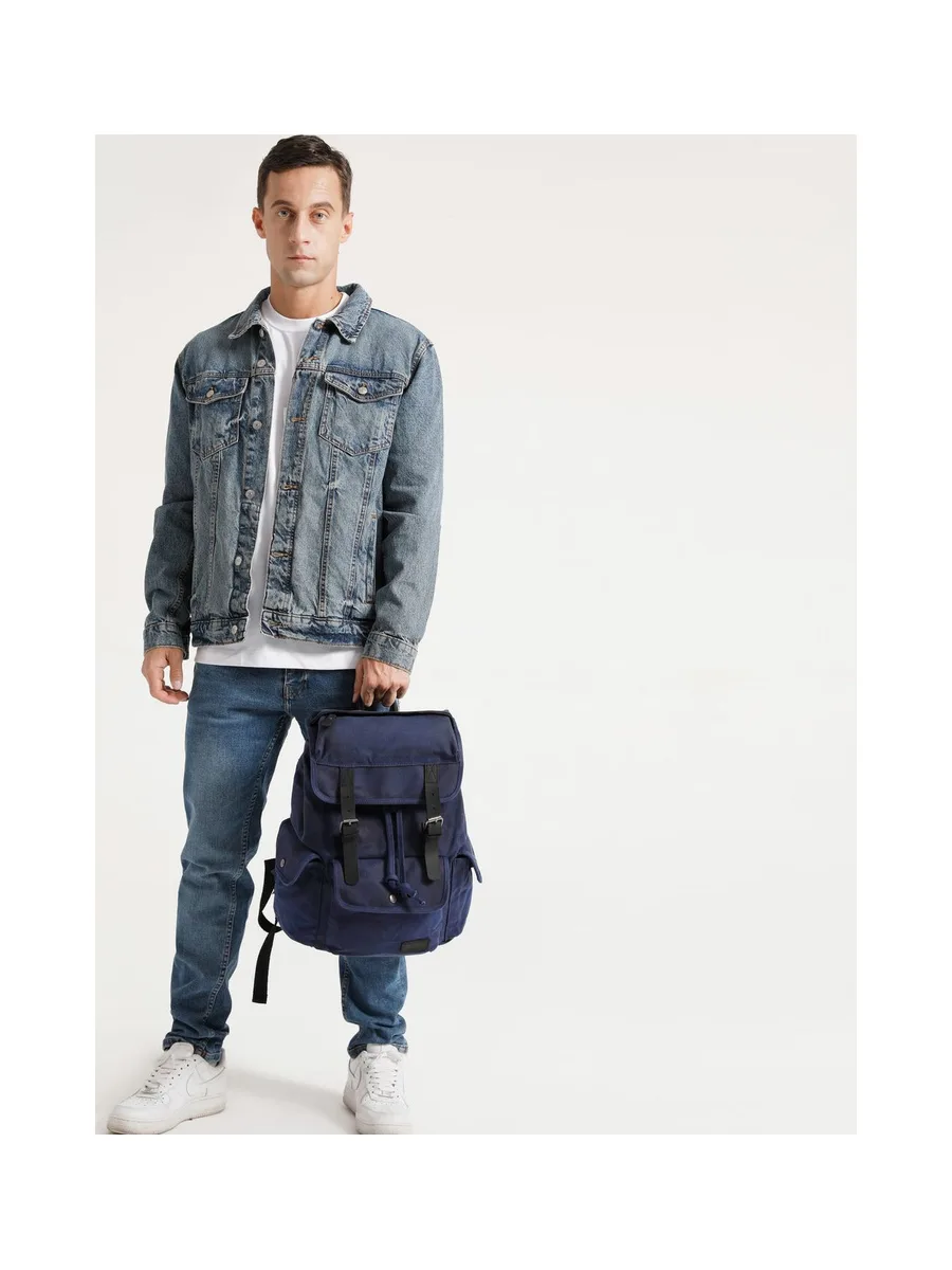 BILL - Sac à dos en cuir véritable et toile enduite - Bleu 38