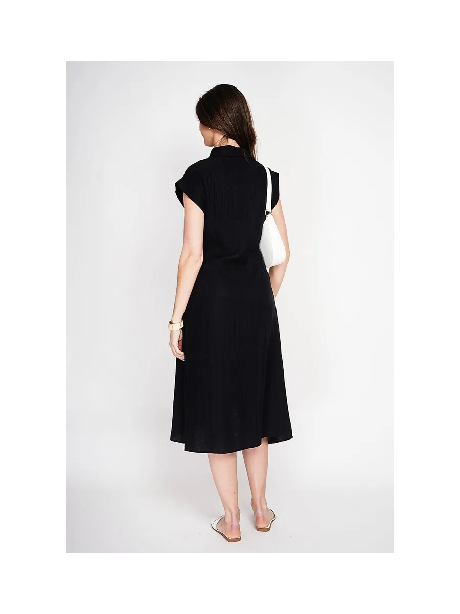 Robe longue col chemise boutonnée devant coupe évasée à manches courtes 10