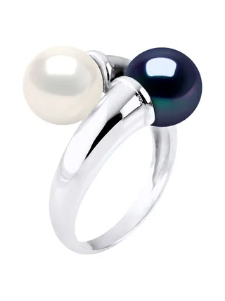 Bague Toi & Moi Véritables Perles de Culture d'Eau Douce Rondes 7-8 mm — Argent 925 Millièmes Rhodié 1