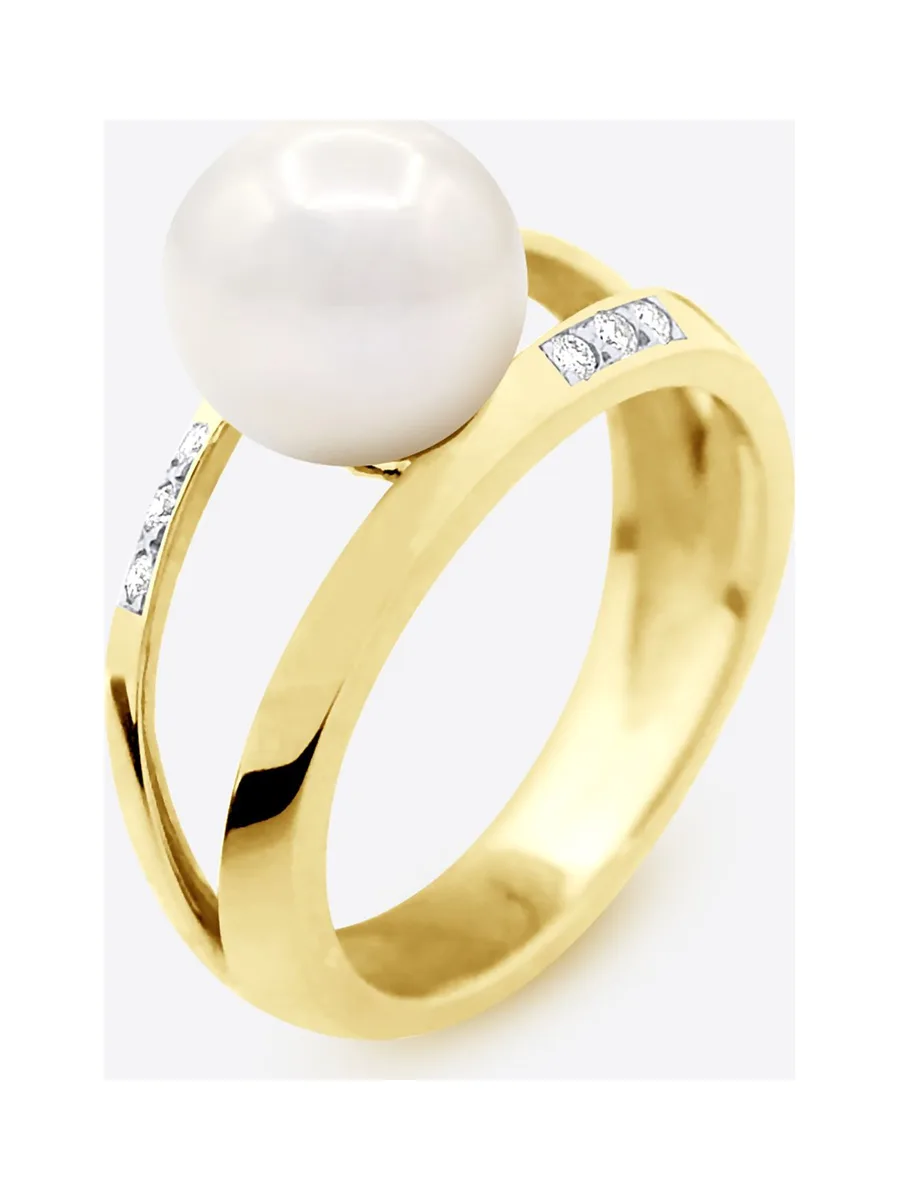 Bague Jonc Véritable Perle d'Eau Douce Ronde 8-9 mm Diamants 0.06 ct — Or Jaune 375 Millièmes 5