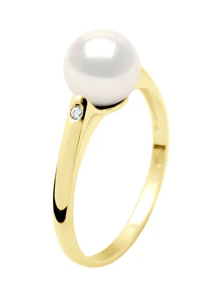 Bague Solitaire Véritable Perle d'Eau Douce Ronde 8-9 mm Diamants 0.02 ct — Or Jaune 375 Millièmes 2