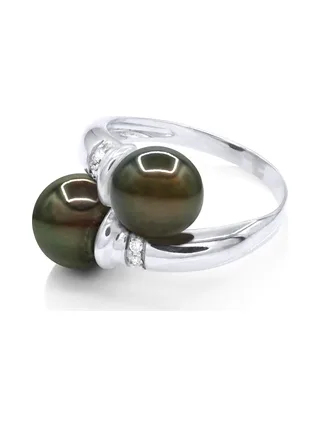 Bague Toi & Moi Véritables Perles de Tahiti Rondes 8-9 mm Diamants 0.06 ct — Or Blanc 375 Millièmes 1