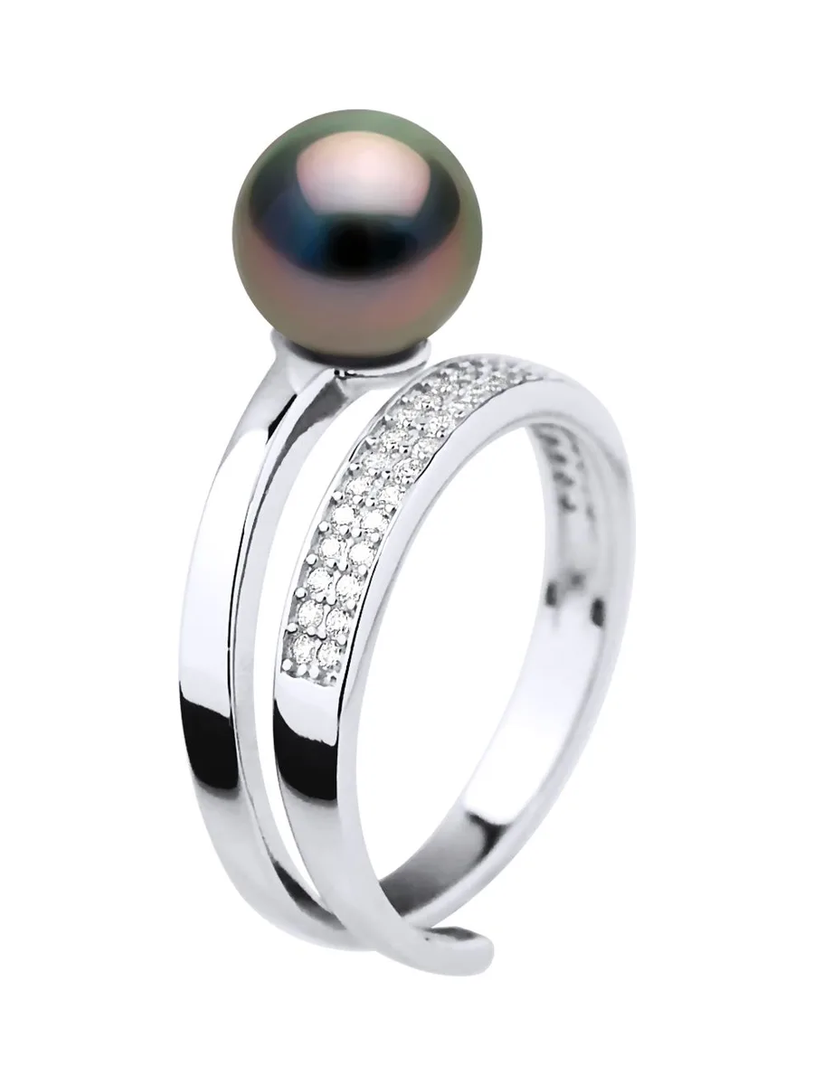 Bague Jonc Véritable Perle de Tahiti Ronde 8-9 mm — Argent 925 Millièmes Rhodié 1