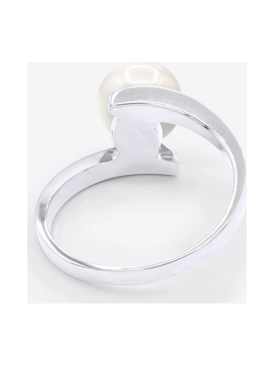 Bague Véritable Perle d'Eau Douce Ronde 8-9 mm Diamant 0.04 ct — Or Blanc 375 Millièmes 5