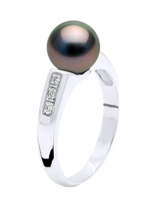 Bague Véritable Perle de Tahiti Ronde 8-9 mm Diamant 0.06 ct — Or Blanc 375 Millièmes 4