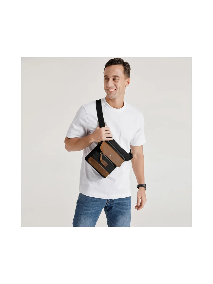 JEFF - Pochette banane en cuir véritable et toile enduite - Bleu 58