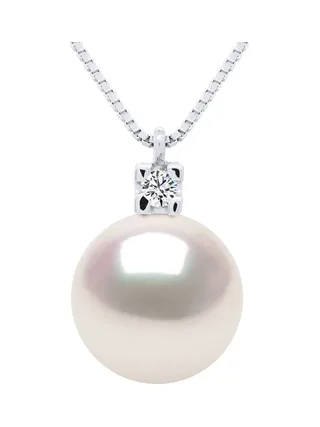 Collier Véritable Perle Akoya Ronde 8-9 mm Diamants 0.03 ct — Or Blanc 750 Millièmes — 42 cm 1