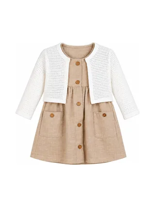 Ensemble Robe + Gilet Beige/Blanc Bébé P'tit Mome Helena 1