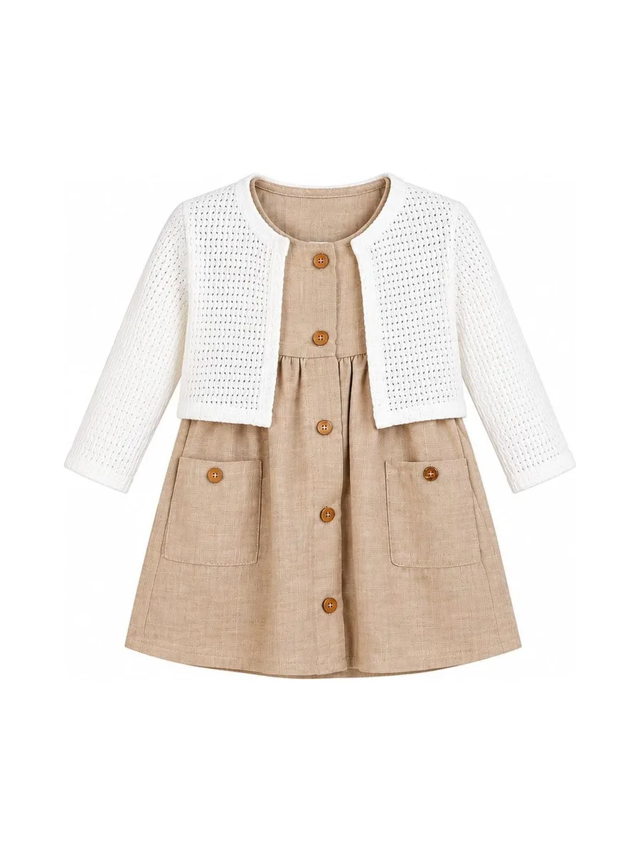Ensemble Robe + Gilet Beige/Blanc Bébé P'tit Mome Helena 2