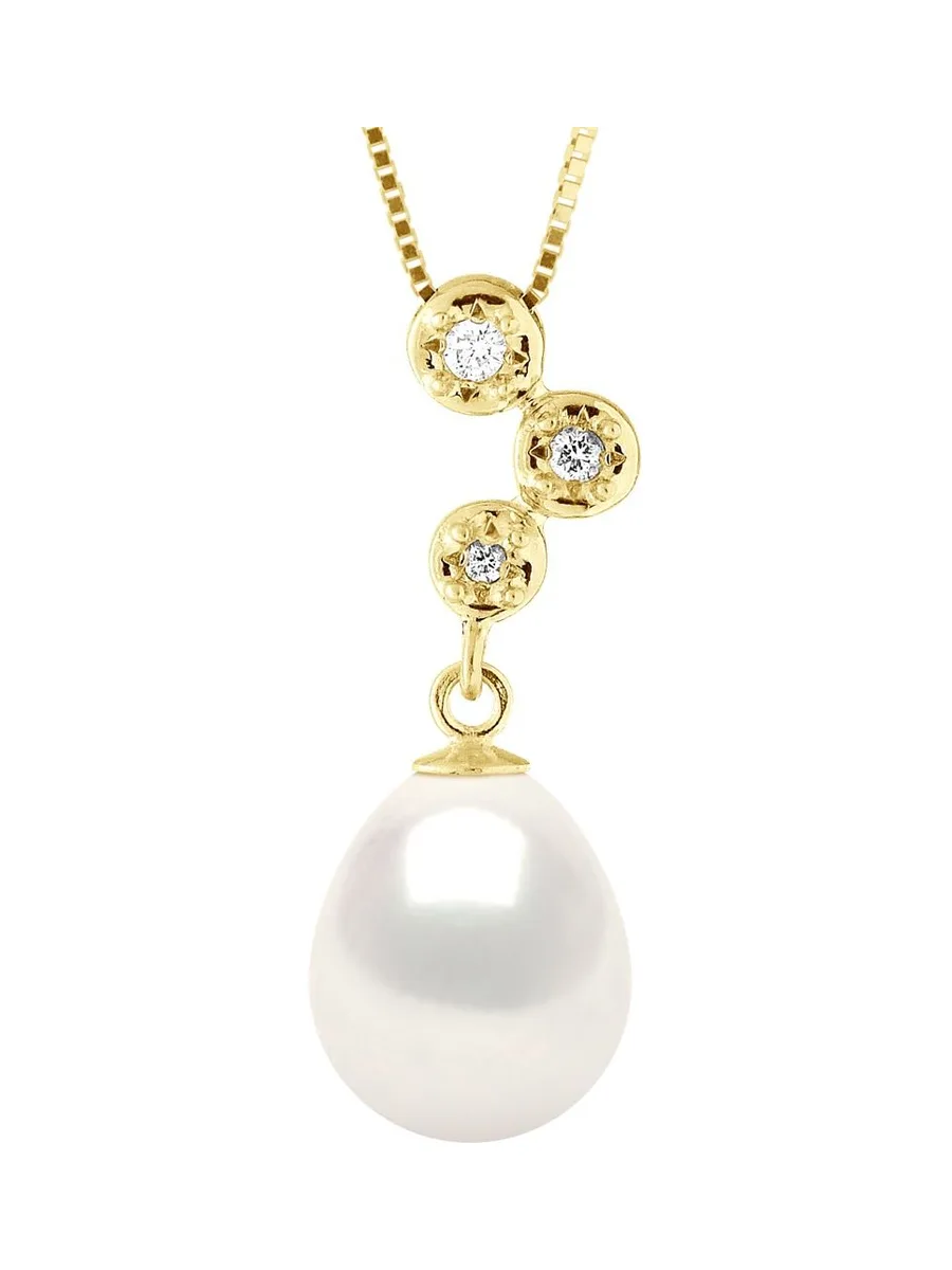 Collier Véritable Perle d'Eau Douce Poire 9-10 mm Diamants 0.06 ct — Or Jaune 375 Millièmes — 42 cm 1