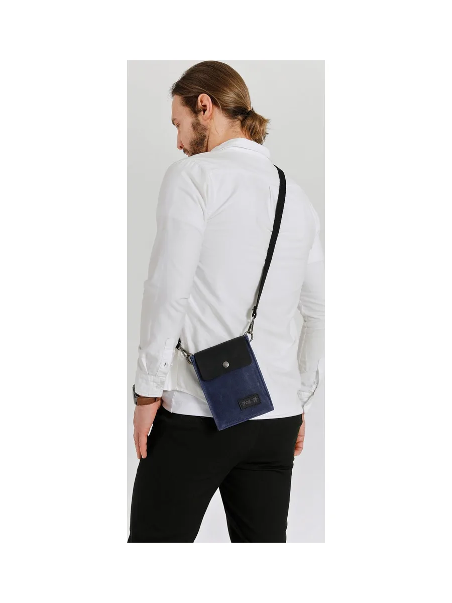 VAL - Pochette bandoulière en cuir véritable et toile enduite - Bleu 34