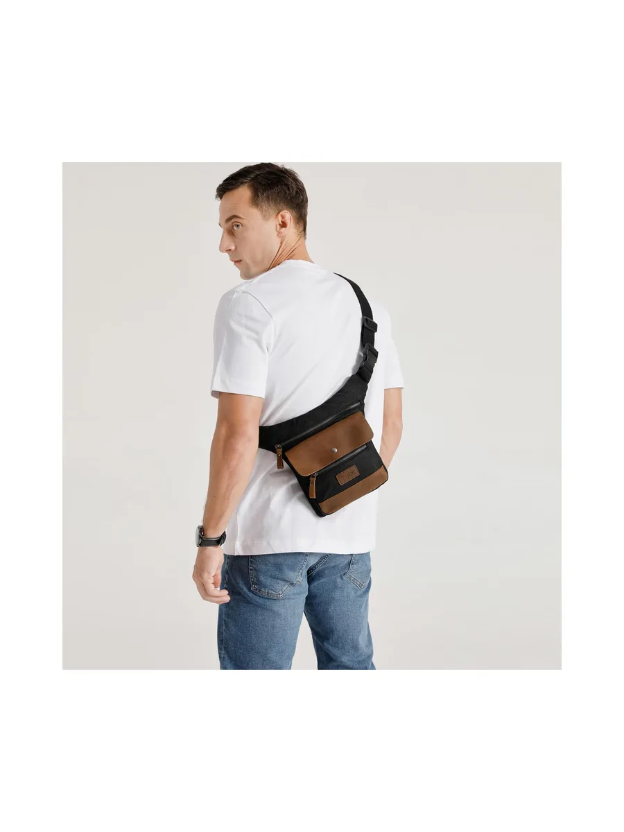 JEFF - Pochette banane en cuir véritable et toile enduite - Bleu 64