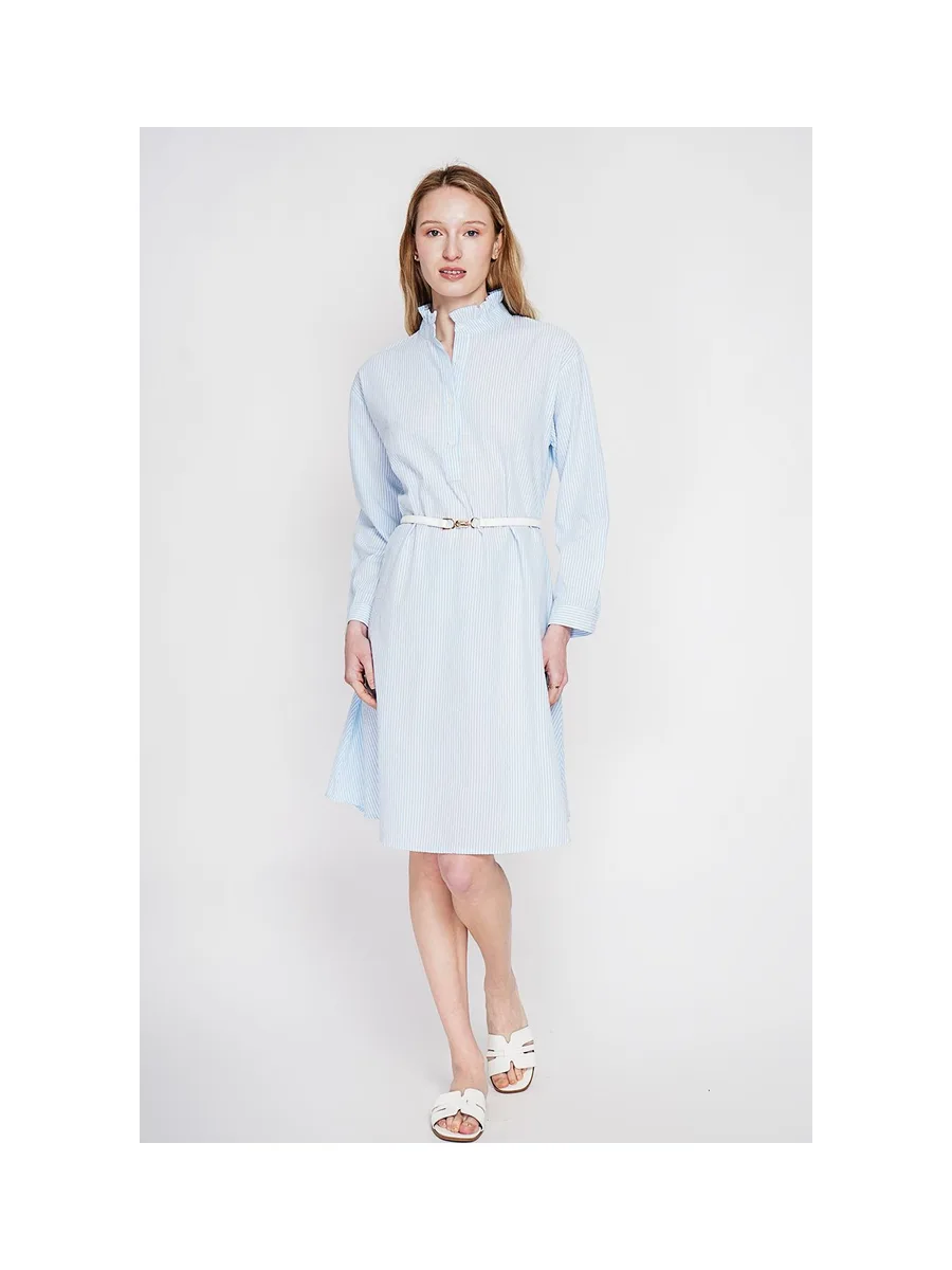 Robe col mao foufou évasée boutonnée devant à manches longues à rayure 1