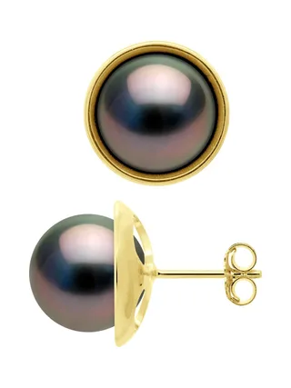 Boucles d'Oreilles Véritables Perles de Tahiti Rondes 9-10 mm — Or Jaune 375 Millièmes 1