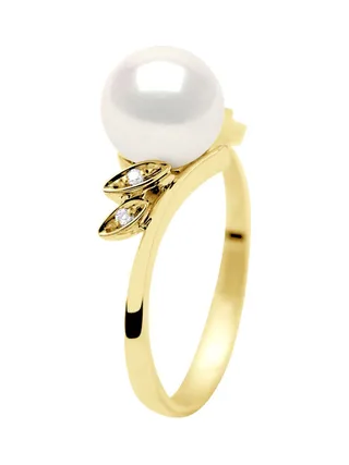 Bague Véritable Perle d'Eau Douce Ronde 7-8 mm Diamants 0.04 ct — Or Jaune 375 Millièmes 3