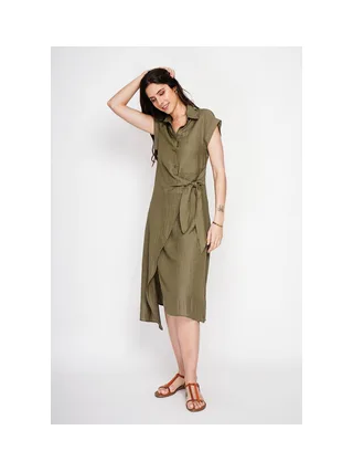 Robe longue col chemise  boutonnée devant coupe évasée à manches courtes 2