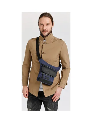 JEFF - Pochette banane en cuir véritable et toile enduite - Bleu 5