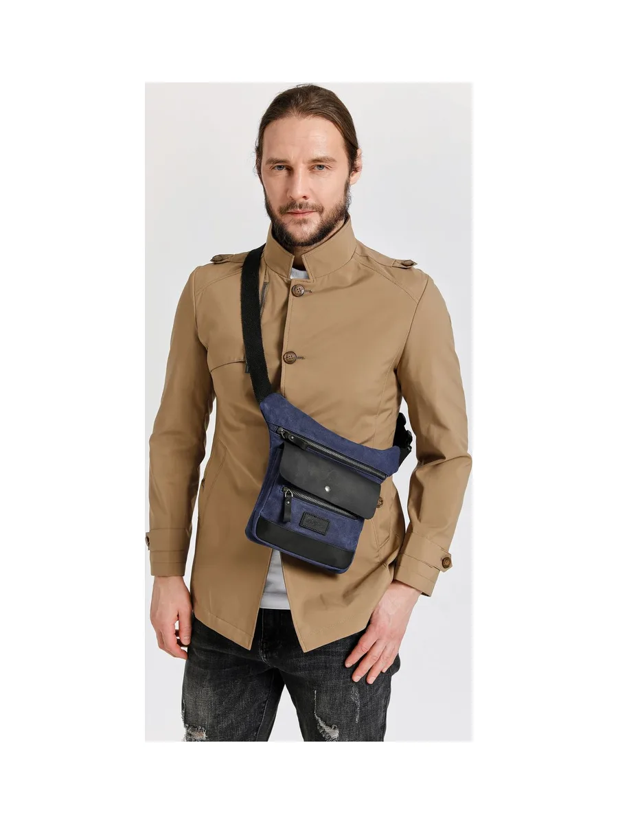 JEFF - Pochette banane en cuir véritable et toile enduite - Bleu 37