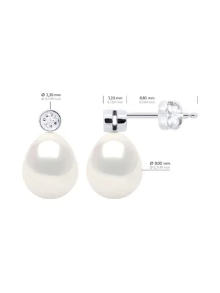 Boucles d'Oreilles Véritables Perles d'Eau Douce 8-9 mm Diamants 0.04 ct — Or Blanc 375 Millièmes 2