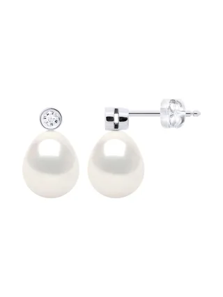 Boucles d'Oreilles Véritables Perles d'Eau Douce 8-9 mm Diamants 0.04 ct — Or Blanc 375 Millièmes 4