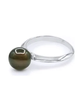Bague Jonc Véritable Perle de Tahiti Ronde 8-9 mm — Or Blanc 375 Millièmes 1