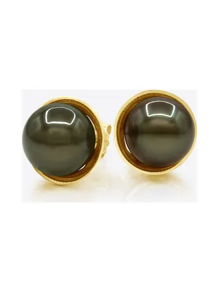 Boucles d'Oreilles Véritables Perles de Tahiti Rondes 9-10 mm — Or Jaune 375 Millièmes 1