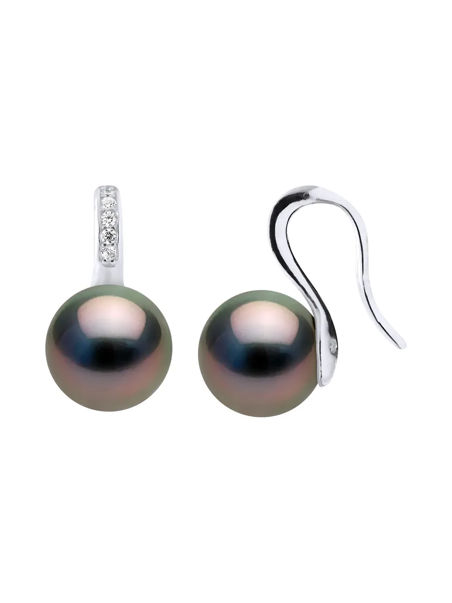 Boucles d'Oreilles Véritables Perles de Tahiti Rondes 9-10 mm — Argent 925 Millièmes 1
