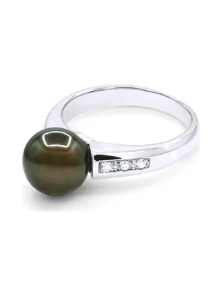 Bague Véritable Perle de Tahiti Ronde 8-9 mm Diamant 0.06 ct — Or Blanc 375 Millièmes 1