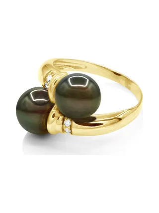 Bague Toi & Moi Véritables Perles de Tahiti Rondes 8-9 mm Diamants 0.06 ct — Or Jaune 375 Millièmes 1